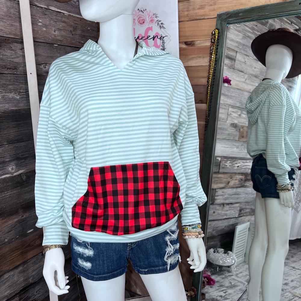 Boutique Brand Puff Sleeve Striped Hoodie With Buffalo Plaid Kangaroo Pocket 💗